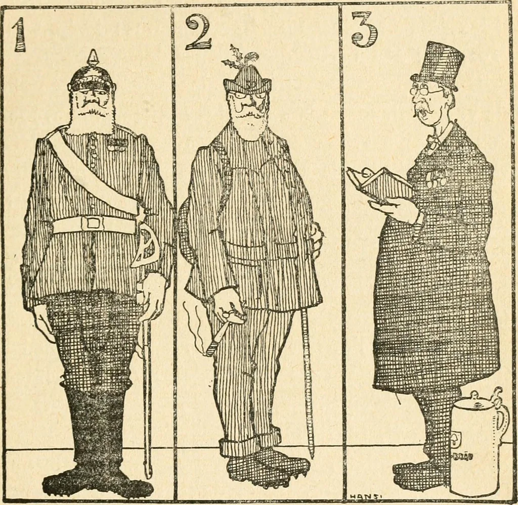 An illustration from Professeur Knatschké; oeuvres choisies du grand savant allemand et de sa fille Elsa. Recueillies et illustrées pour les Alsaciens par Hansi. Fidèlement traduites en français par H.P. Colle, 1916, leaf 64