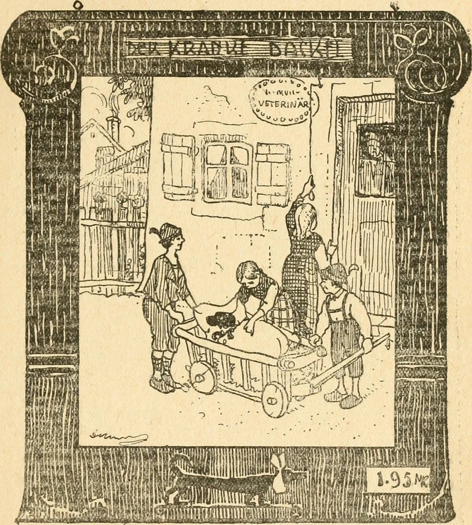 An illustration from Professeur Knatschké; oeuvres choisies du grand savant allemand et de sa fille Elsa. Recueillies et illustrées pour les Alsaciens par Hansi. Fidèlement traduites en français par H.P. Colle, 1916, leaf 66