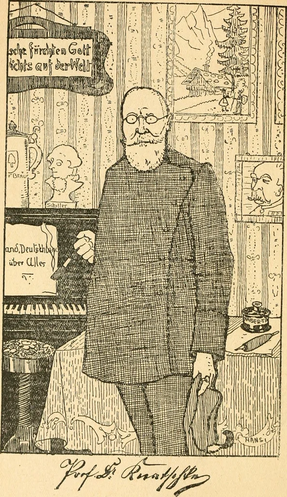 An illustration from Professeur Knatschké; oeuvres choisies du grand savant allemand et de sa fille Elsa. Recueillies et illustrées pour les Alsaciens par Hansi. Fidèlement traduites en français par H.P. Colle, 1916, leaf 7