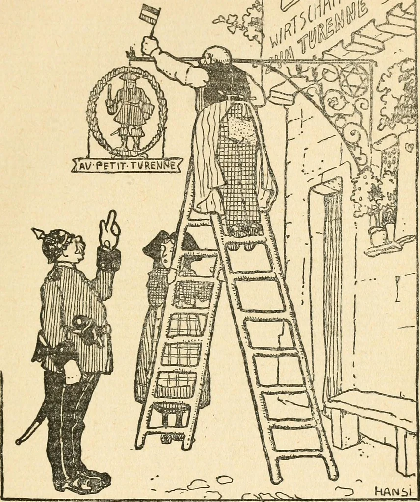 An illustration from Professeur Knatschké; oeuvres choisies du grand savant allemand et de sa fille Elsa. Recueillies et illustrées pour les Alsaciens par Hansi. Fidèlement traduites en français par H.P. Colle, 1916, leaf 78