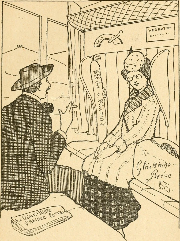 An illustration from Professeur Knatschké; oeuvres choisies du grand savant allemand et de sa fille Elsa. Recueillies et illustrées pour les Alsaciens par Hansi. Fidèlement traduites en français par H.P. Colle, 1916, leaf 92