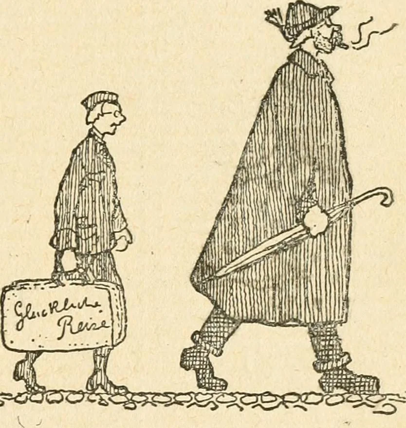 An illustration from Professeur Knatschké; oeuvres choisies du grand savant allemand et de sa fille Elsa. Recueillies et illustrées pour les Alsaciens par Hansi. Fidèlement traduites en français par H.P. Colle, 1916, leaf 94