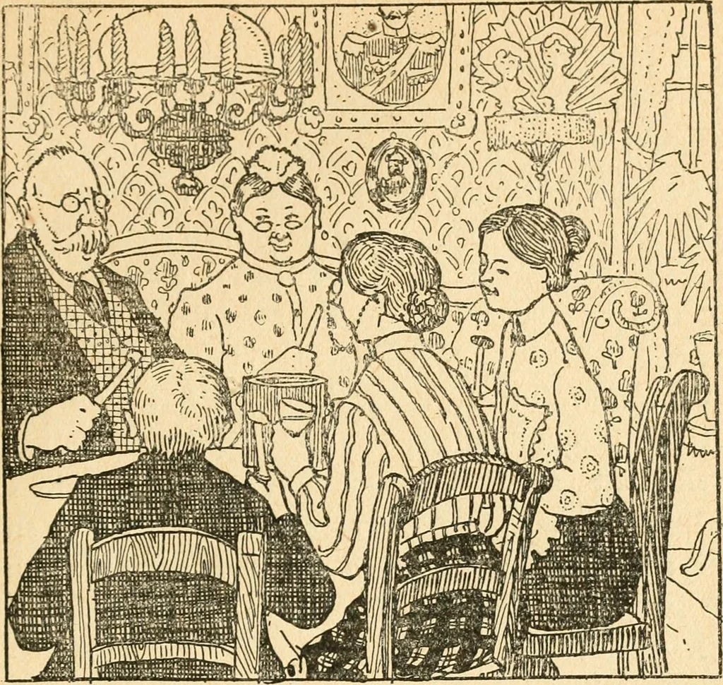An illustration from Professeur Knatschké; oeuvres choisies du grand savant allemand et de sa fille Elsa. Recueillies et illustrées pour les Alsaciens par Hansi. Fidèlement traduites en français par H.P. Colle, 1916, leaf 96