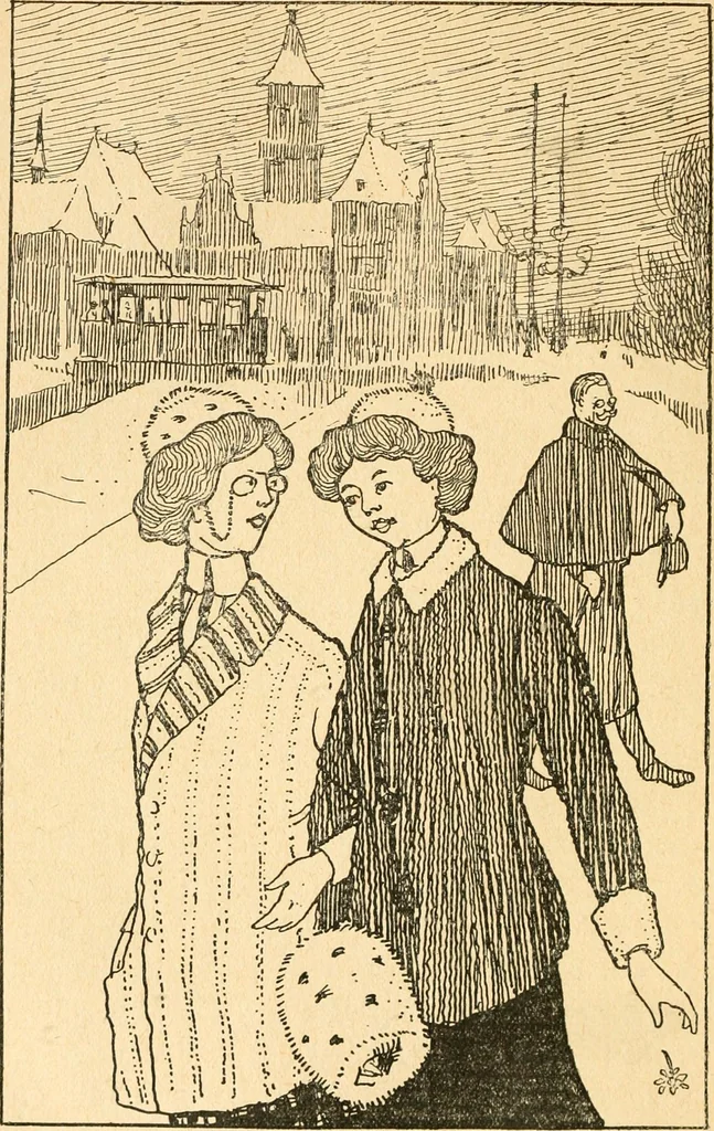 An illustration from Professeur Knatschké; oeuvres choisies du grand savant allemand et de sa fille Elsa. Recueillies et illustrées pour les Alsaciens par Hansi. Fidèlement traduites en français par H.P. Colle, 1916, leaf 99