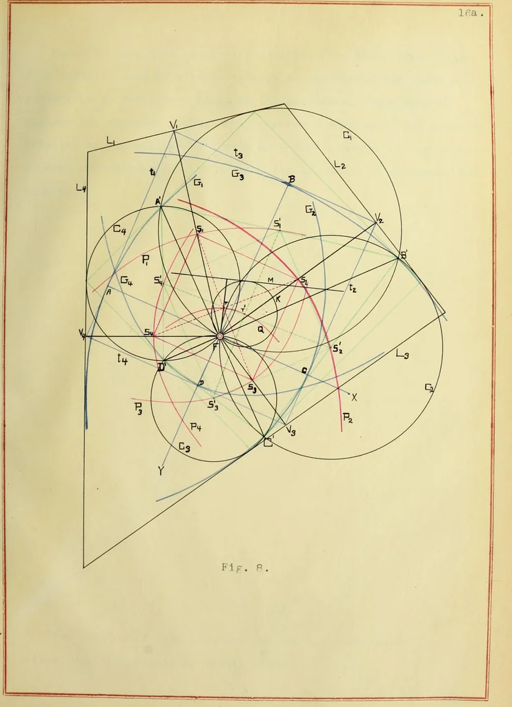 An illustration from The projective and kinematic geometry of closed polygons, 1914, leaf 46