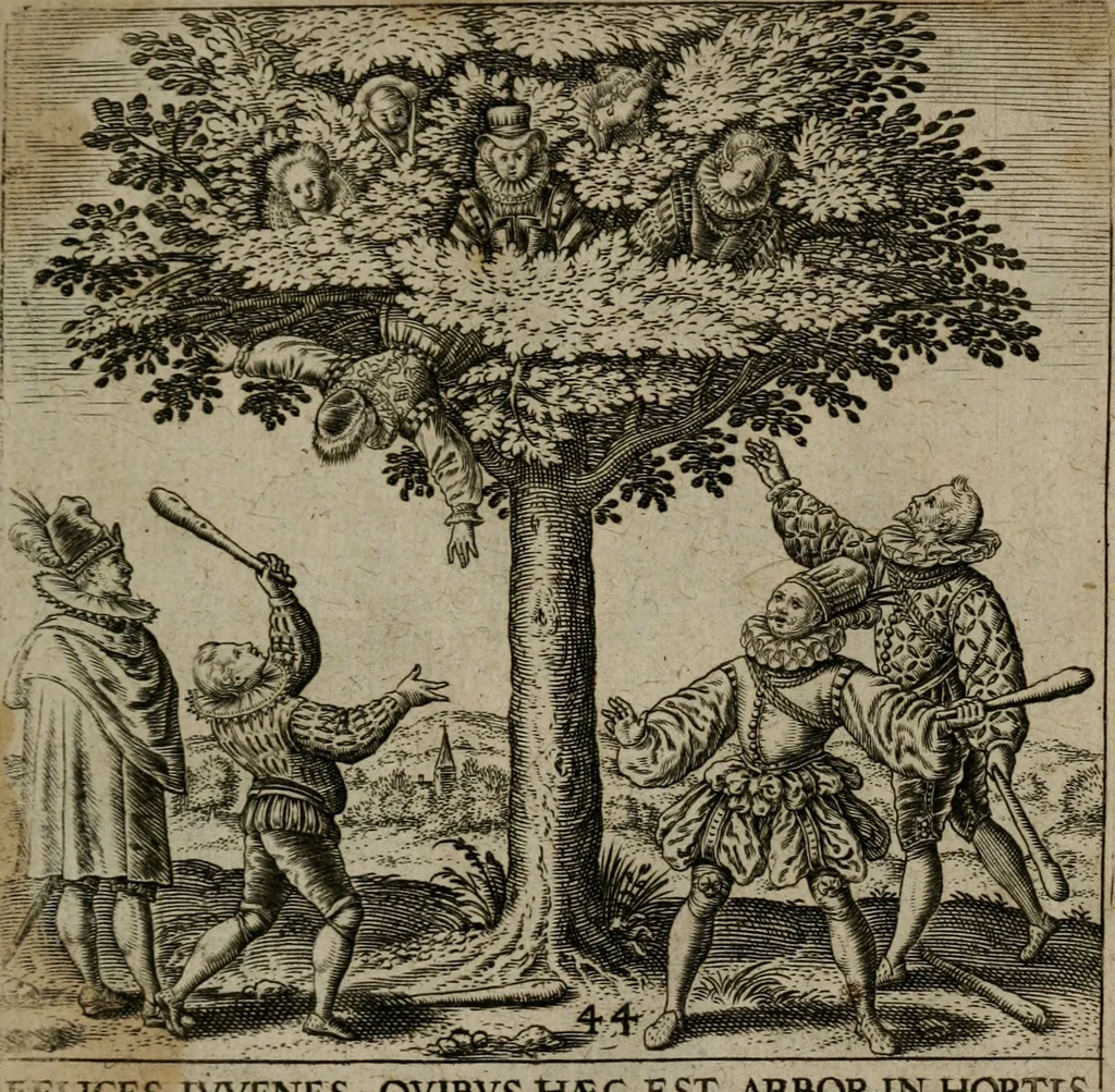 An illustration from Proscenivm vitæ hvmanæ, siue Emblematvm secvlarivm, ivcvndissima, & artificiosissima varietate vitæ hvmanæ & seculi huius deprauati mores, ac studia peruersissima adumbrantium: et Latinis versibvs, explicatorum, decades septem multis figuris adauctæ, & in vsum studiosæ inprimis iuuentutis ita adornatæ vt instar albi amicorvm sodalitatum symbolis, & insigniis conscribendis depingendisq; inseruire commode possint, 1627, leaf 102