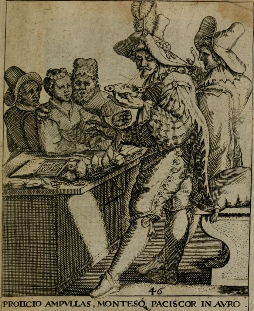 An illustration from Proscenivm vitæ hvmanæ, siue Emblematvm secvlarivm, ivcvndissima, & artificiosissima varietate vitæ hvmanæ & seculi huius deprauati mores, ac studia peruersissima adumbrantium: et Latinis versibvs, explicatorum, decades septem multis figuris adauctæ, & in vsum studiosæ inprimis iuuentutis ita adornatæ vt instar albi amicorvm sodalitatum symbolis, & insigniis conscribendis depingendisq; inseruire commode possint, 1627, leaf 106