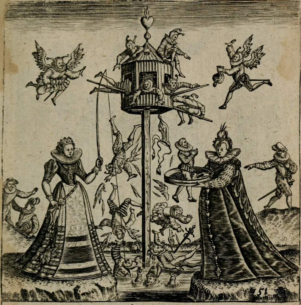 An illustration from Proscenivm vitæ hvmanæ, siue Emblematvm secvlarivm, ivcvndissima, & artificiosissima varietate vitæ hvmanæ & seculi huius deprauati mores, ac studia peruersissima adumbrantium: et Latinis versibvs, explicatorum, decades septem multis figuris adauctæ, & in vsum studiosæ inprimis iuuentutis ita adornatæ vt instar albi amicorvm sodalitatum symbolis, & insigniis conscribendis depingendisq; inseruire commode possint, 1627, leaf 114