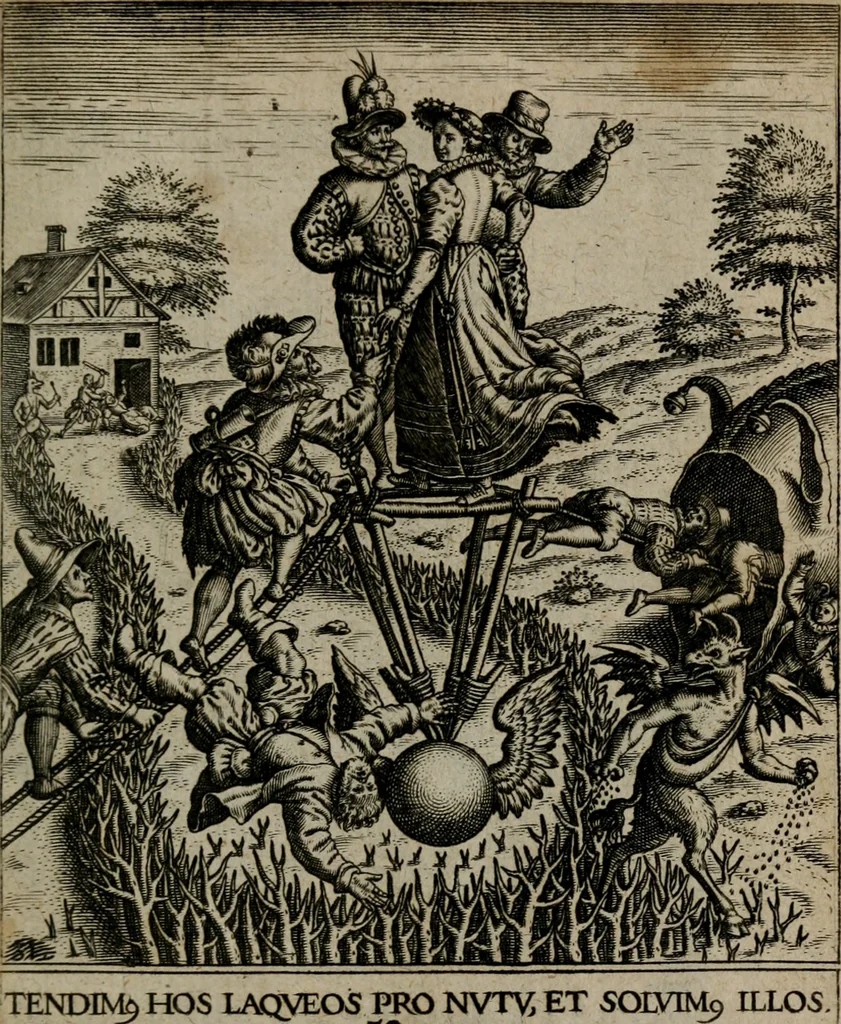 An illustration from Proscenivm vitæ hvmanæ, siue Emblematvm secvlarivm, ivcvndissima, & artificiosissima varietate vitæ hvmanæ & seculi huius deprauati mores, ac studia peruersissima adumbrantium: et Latinis versibvs, explicatorum, decades septem multis figuris adauctæ, & in vsum studiosæ inprimis iuuentutis ita adornatæ vt instar albi amicorvm sodalitatum symbolis, & insigniis conscribendis depingendisq; inseruire commode possint, 1627, leaf 116