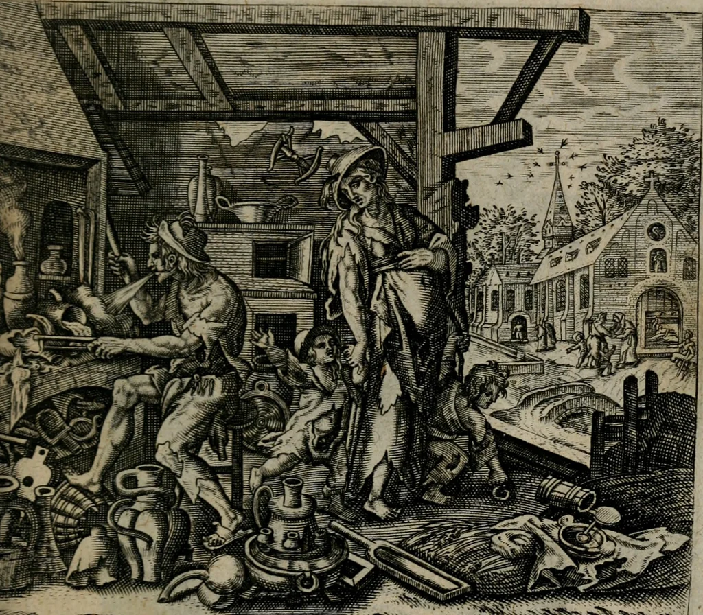 An illustration from Proscenivm vitæ hvmanæ, siue Emblematvm secvlarivm, ivcvndissima, & artificiosissima varietate vitæ hvmanæ & seculi huius deprauati mores, ac studia peruersissima adumbrantium: et Latinis versibvs, explicatorum, decades septem multis figuris adauctæ, & in vsum studiosæ inprimis iuuentutis ita adornatæ vt instar albi amicorvm sodalitatum symbolis, & insigniis conscribendis depingendisq; inseruire commode possint, 1627, leaf 118