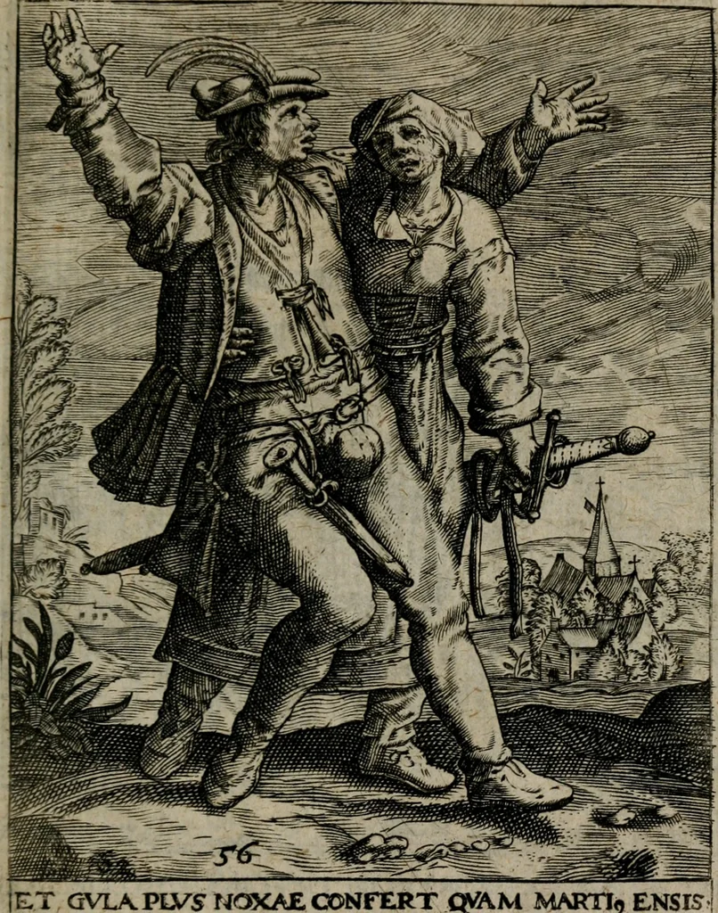 An illustration from Proscenivm vitæ hvmanæ, siue Emblematvm secvlarivm, ivcvndissima, & artificiosissima varietate vitæ hvmanæ & seculi huius deprauati mores, ac studia peruersissima adumbrantium: et Latinis versibvs, explicatorum, decades septem multis figuris adauctæ, & in vsum studiosæ inprimis iuuentutis ita adornatæ vt instar albi amicorvm sodalitatum symbolis, & insigniis conscribendis depingendisq; inseruire commode possint, 1627, leaf 124