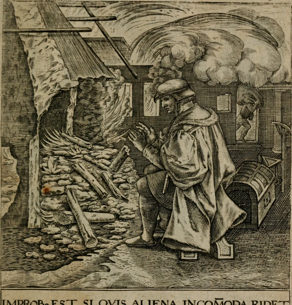 An illustration from Proscenivm vitæ hvmanæ, siue Emblematvm secvlarivm, ivcvndissima, & artificiosissima varietate vitæ hvmanæ & seculi huius deprauati mores, ac studia peruersissima adumbrantium: et Latinis versibvs, explicatorum, decades septem multis figuris adauctæ, & in vsum studiosæ inprimis iuuentutis ita adornatæ vt instar albi amicorvm sodalitatum symbolis, & insigniis conscribendis depingendisq; inseruire commode possint, 1627, leaf 132