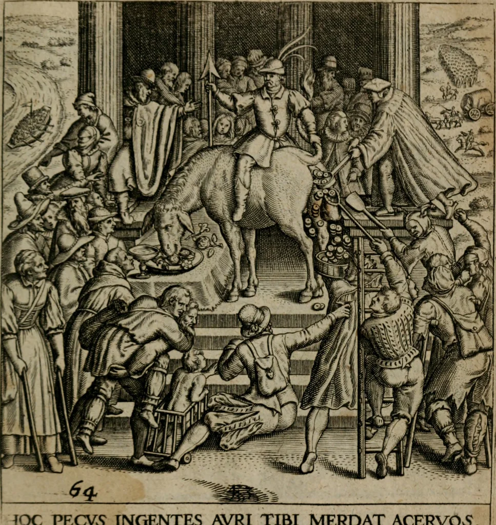 An illustration from Proscenivm vitæ hvmanæ, siue Emblematvm secvlarivm, ivcvndissima, & artificiosissima varietate vitæ hvmanæ & seculi huius deprauati mores, ac studia peruersissima adumbrantium: et Latinis versibvs, explicatorum, decades septem multis figuris adauctæ, & in vsum studiosæ inprimis iuuentutis ita adornatæ vt instar albi amicorvm sodalitatum symbolis, & insigniis conscribendis depingendisq; inseruire commode possint, 1627, leaf 140