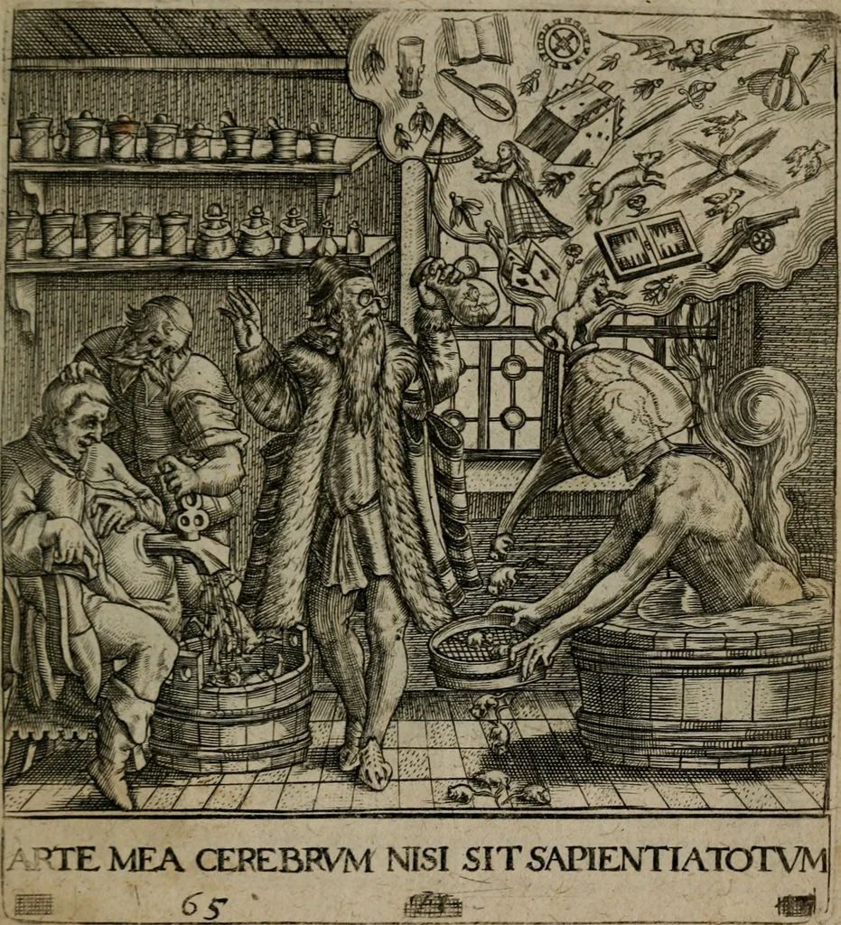 An illustration from Proscenivm vitæ hvmanæ, siue Emblematvm secvlarivm, ivcvndissima, & artificiosissima varietate vitæ hvmanæ & seculi huius deprauati mores, ac studia peruersissima adumbrantium: et Latinis versibvs, explicatorum, decades septem multis figuris adauctæ, & in vsum studiosæ inprimis iuuentutis ita adornatæ vt instar albi amicorvm sodalitatum symbolis, & insigniis conscribendis depingendisq; inseruire commode possint, 1627, leaf 142
