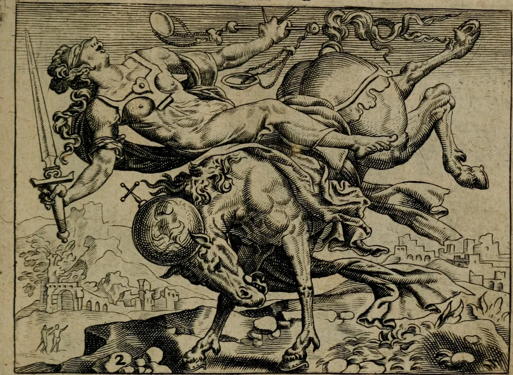An illustration from Proscenivm vitæ hvmanæ, siue Emblematvm secvlarivm, ivcvndissima, & artificiosissima varietate vitæ hvmanæ & seculi huius deprauati mores, ac studia peruersissima adumbrantium: et Latinis versibvs, explicatorum, decades septem multis figuris adauctæ, & in vsum studiosæ inprimis iuuentutis ita adornatæ vt instar albi amicorvm sodalitatum symbolis, & insigniis conscribendis depingendisq; inseruire commode possint, 1627, leaf 24