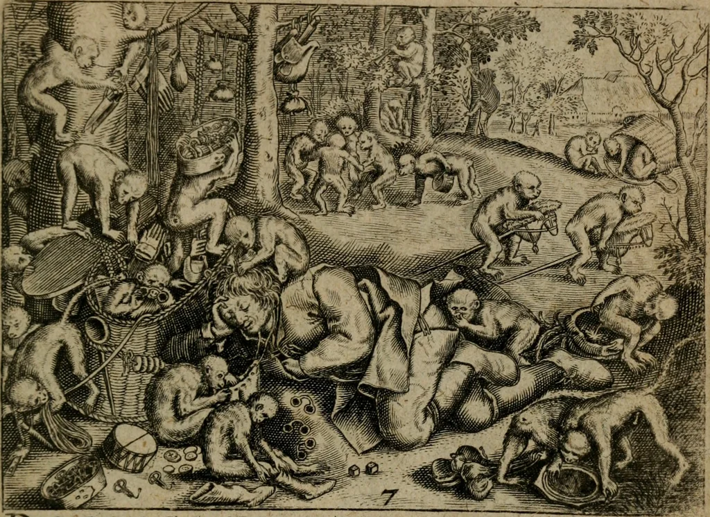 An illustration from Proscenivm vitæ hvmanæ, siue Emblematvm secvlarivm, ivcvndissima, & artificiosissima varietate vitæ hvmanæ & seculi huius deprauati mores, ac studia peruersissima adumbrantium: et Latinis versibvs, explicatorum, decades septem multis figuris adauctæ, & in vsum studiosæ inprimis iuuentutis ita adornatæ vt instar albi amicorvm sodalitatum symbolis, & insigniis conscribendis depingendisq; inseruire commode possint, 1627, leaf 34