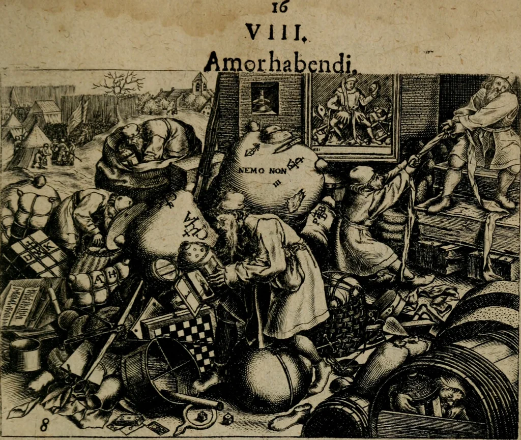 An illustration from Proscenivm vitæ hvmanæ, siue Emblematvm secvlarivm, ivcvndissima, & artificiosissima varietate vitæ hvmanæ & seculi huius deprauati mores, ac studia peruersissima adumbrantium: et Latinis versibvs, explicatorum, decades septem multis figuris adauctæ, & in vsum studiosæ inprimis iuuentutis ita adornatæ vt instar albi amicorvm sodalitatum symbolis, & insigniis conscribendis depingendisq; inseruire commode possint, 1627, leaf 36