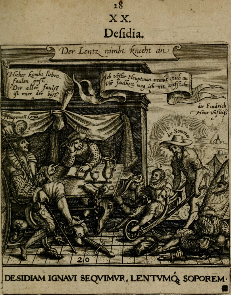 An illustration from Proscenivm vitæ hvmanæ, siue Emblematvm secvlarivm, ivcvndissima, & artificiosissima varietate vitæ hvmanæ & seculi huius deprauati mores, ac studia peruersissima adumbrantium: et Latinis versibvs, explicatorum, decades septem multis figuris adauctæ, & in vsum studiosæ inprimis iuuentutis ita adornatæ vt instar albi amicorvm sodalitatum symbolis, & insigniis conscribendis depingendisq; inseruire commode possint, 1627, leaf 58