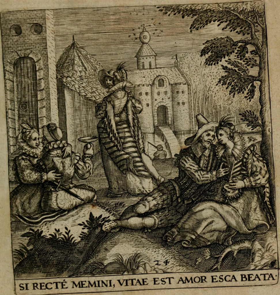 An illustration from Proscenivm vitæ hvmanæ, siue Emblematvm secvlarivm, ivcvndissima, & artificiosissima varietate vitæ hvmanæ & seculi huius deprauati mores, ac studia peruersissima adumbrantium: et Latinis versibvs, explicatorum, decades septem multis figuris adauctæ, & in vsum studiosæ inprimis iuuentutis ita adornatæ vt instar albi amicorvm sodalitatum symbolis, & insigniis conscribendis depingendisq; inseruire commode possint, 1627, leaf 66
