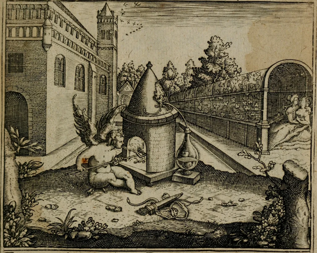 An illustration from Proscenivm vitæ hvmanæ, siue Emblematvm secvlarivm, ivcvndissima, & artificiosissima varietate vitæ hvmanæ & seculi huius deprauati mores, ac studia peruersissima adumbrantium: et Latinis versibvs, explicatorum, decades septem multis figuris adauctæ, & in vsum studiosæ inprimis iuuentutis ita adornatæ vt instar albi amicorvm sodalitatum symbolis, & insigniis conscribendis depingendisq; inseruire commode possint, 1627, leaf 68