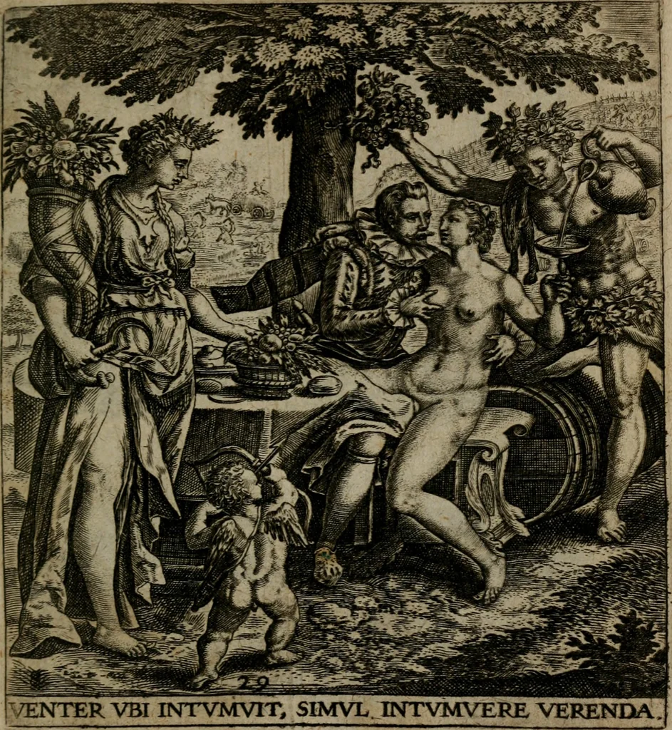 An illustration from Proscenivm vitæ hvmanæ, siue Emblematvm secvlarivm, ivcvndissima, & artificiosissima varietate vitæ hvmanæ & seculi huius deprauati mores, ac studia peruersissima adumbrantium: et Latinis versibvs, explicatorum, decades septem multis figuris adauctæ, & in vsum studiosæ inprimis iuuentutis ita adornatæ vt instar albi amicorvm sodalitatum symbolis, & insigniis conscribendis depingendisq; inseruire commode possint, 1627, leaf 74
