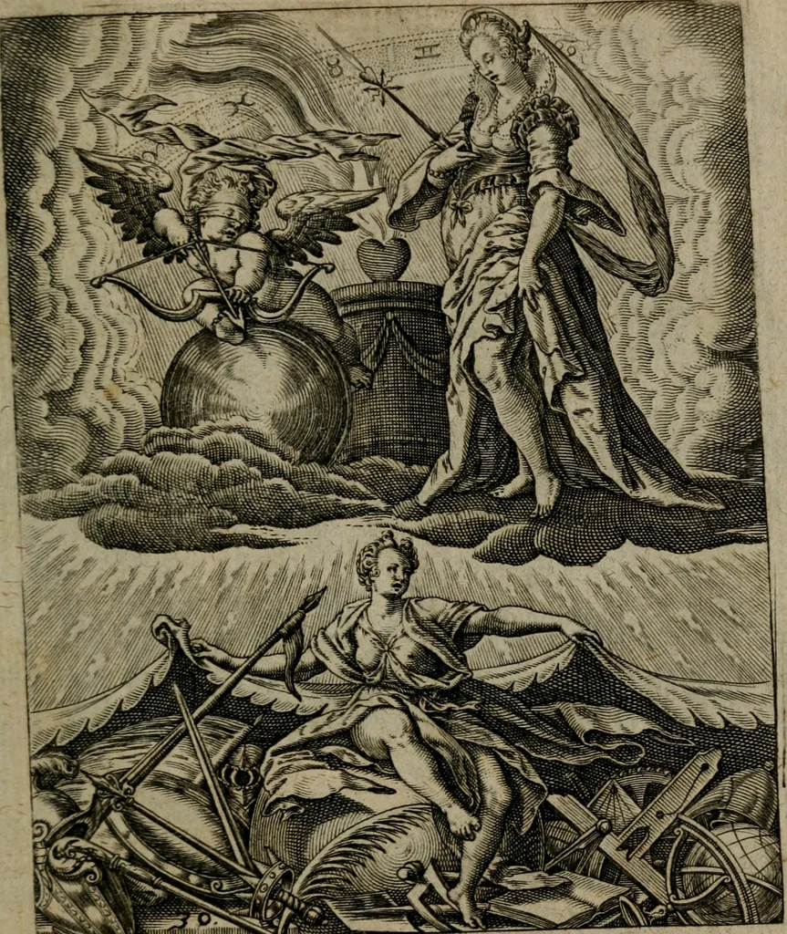 An illustration from Proscenivm vitæ hvmanæ, siue Emblematvm secvlarivm, ivcvndissima, & artificiosissima varietate vitæ hvmanæ & seculi huius deprauati mores, ac studia peruersissima adumbrantium: et Latinis versibvs, explicatorum, decades septem multis figuris adauctæ, & in vsum studiosæ inprimis iuuentutis ita adornatæ vt instar albi amicorvm sodalitatum symbolis, & insigniis conscribendis depingendisq; inseruire commode possint, 1627, leaf 76