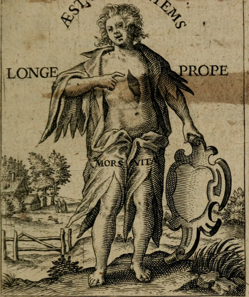 An illustration from Proscenivm vitæ hvmanæ, siue Emblematvm secvlarivm, ivcvndissima, & artificiosissima varietate vitæ hvmanæ & seculi huius deprauati mores, ac studia peruersissima adumbrantium: et Latinis versibvs, explicatorum, decades septem multis figuris adauctæ, & in vsum studiosæ inprimis iuuentutis ita adornatæ vt instar albi amicorvm sodalitatum symbolis, & insigniis conscribendis depingendisq; inseruire commode possint, 1627, leaf 8