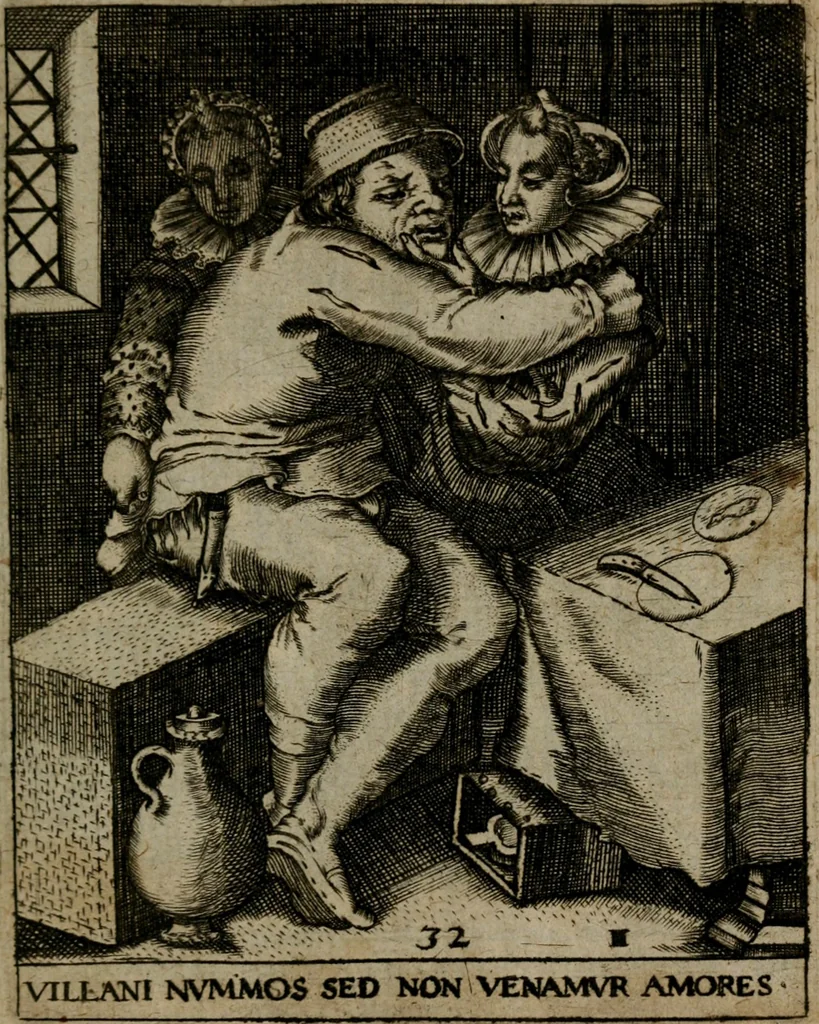 An illustration from Proscenivm vitæ hvmanæ, siue Emblematvm secvlarivm, ivcvndissima, & artificiosissima varietate vitæ hvmanæ & seculi huius deprauati mores, ac studia peruersissima adumbrantium: et Latinis versibvs, explicatorum, decades septem multis figuris adauctæ, & in vsum studiosæ inprimis iuuentutis ita adornatæ vt instar albi amicorvm sodalitatum symbolis, & insigniis conscribendis depingendisq; inseruire commode possint, 1627, leaf 80