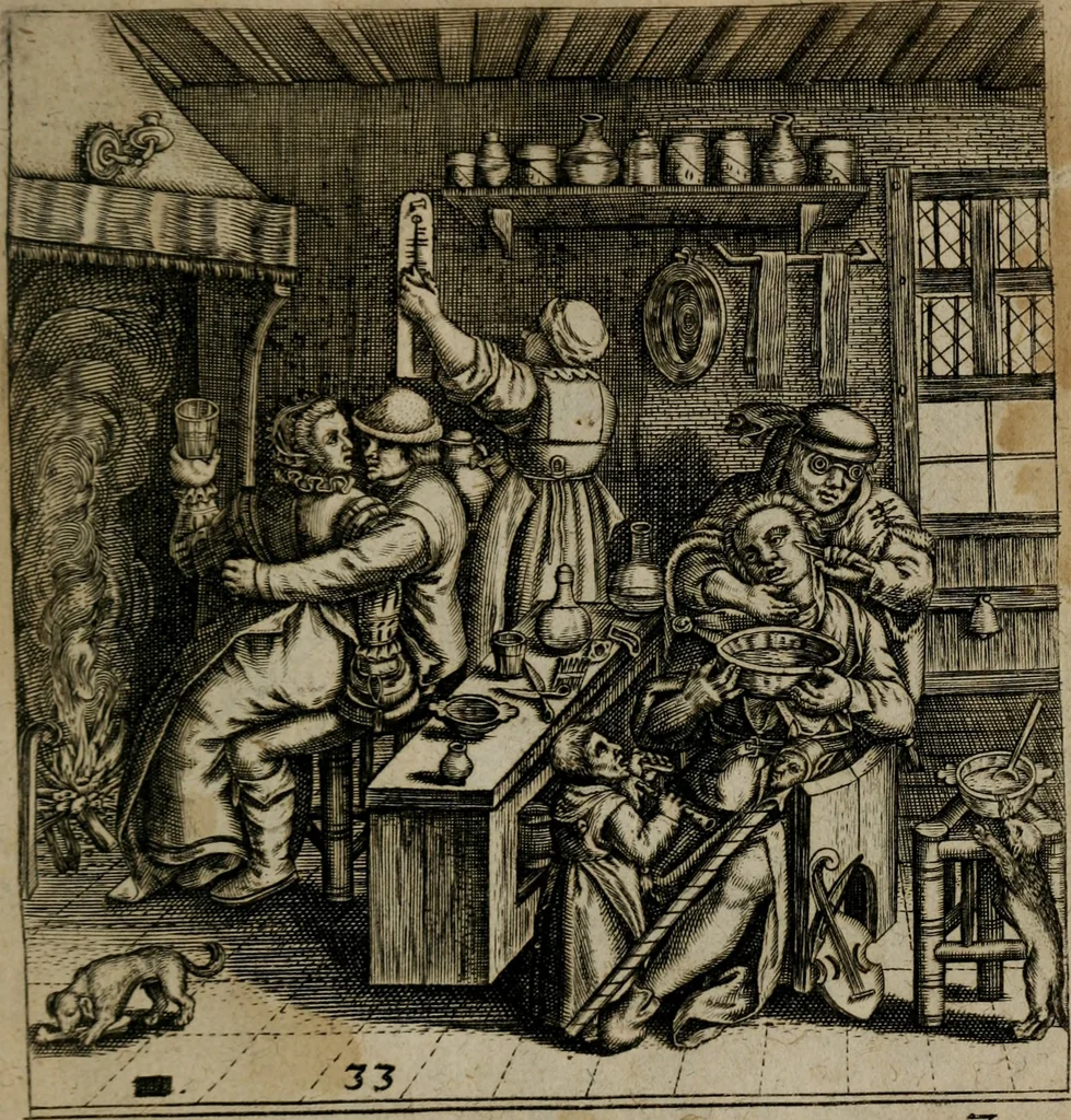 An illustration from Proscenivm vitæ hvmanæ, siue Emblematvm secvlarivm, ivcvndissima, & artificiosissima varietate vitæ hvmanæ & seculi huius deprauati mores, ac studia peruersissima adumbrantium: et Latinis versibvs, explicatorum, decades septem multis figuris adauctæ, & in vsum studiosæ inprimis iuuentutis ita adornatæ vt instar albi amicorvm sodalitatum symbolis, & insigniis conscribendis depingendisq; inseruire commode possint, 1627, leaf 82