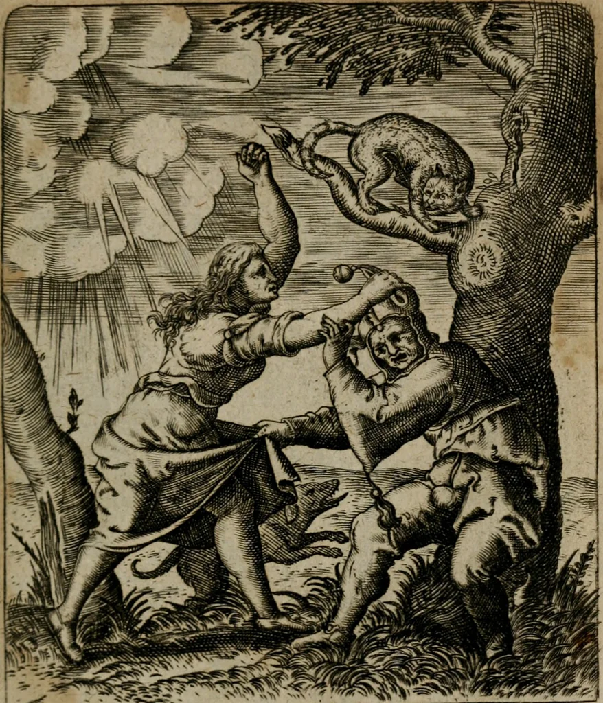 An illustration from Proscenivm vitæ hvmanæ, siue Emblematvm secvlarivm, ivcvndissima, & artificiosissima varietate vitæ hvmanæ & seculi huius deprauati mores, ac studia peruersissima adumbrantium: et Latinis versibvs, explicatorum, decades septem multis figuris adauctæ, & in vsum studiosæ inprimis iuuentutis ita adornatæ vt instar albi amicorvm sodalitatum symbolis, & insigniis conscribendis depingendisq; inseruire commode possint, 1627, leaf 88