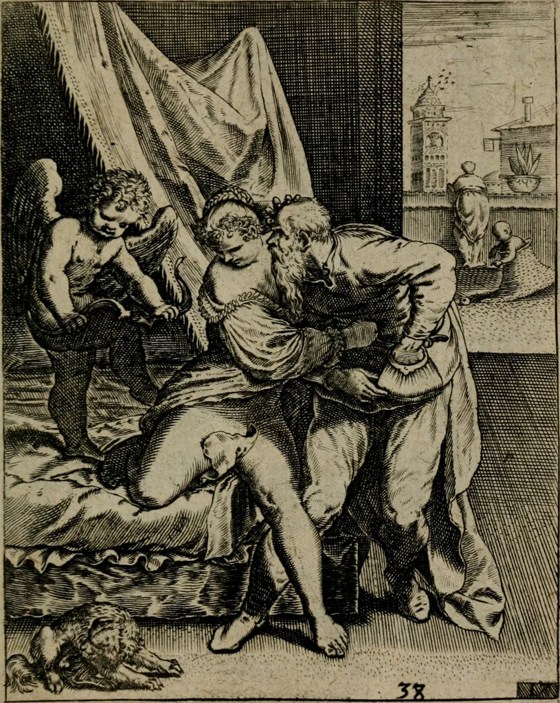 An illustration from Proscenivm vitæ hvmanæ, siue Emblematvm secvlarivm, ivcvndissima, & artificiosissima varietate vitæ hvmanæ & seculi huius deprauati mores, ac studia peruersissima adumbrantium: et Latinis versibvs, explicatorum, decades septem multis figuris adauctæ, & in vsum studiosæ inprimis iuuentutis ita adornatæ vt instar albi amicorvm sodalitatum symbolis, & insigniis conscribendis depingendisq; inseruire commode possint, 1627, leaf 90