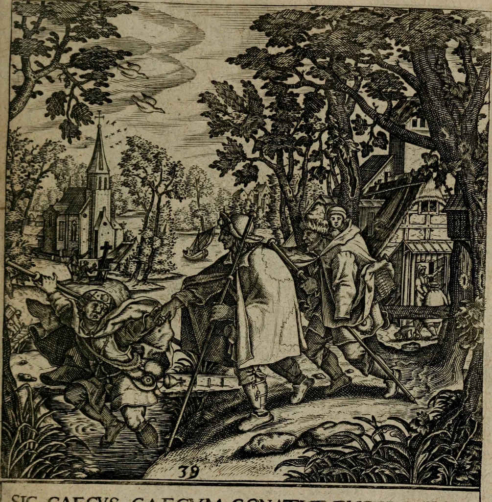 An illustration from Proscenivm vitæ hvmanæ, siue Emblematvm secvlarivm, ivcvndissima, & artificiosissima varietate vitæ hvmanæ & seculi huius deprauati mores, ac studia peruersissima adumbrantium: et Latinis versibvs, explicatorum, decades septem multis figuris adauctæ, & in vsum studiosæ inprimis iuuentutis ita adornatæ vt instar albi amicorvm sodalitatum symbolis, & insigniis conscribendis depingendisq; inseruire commode possint, 1627, leaf 92