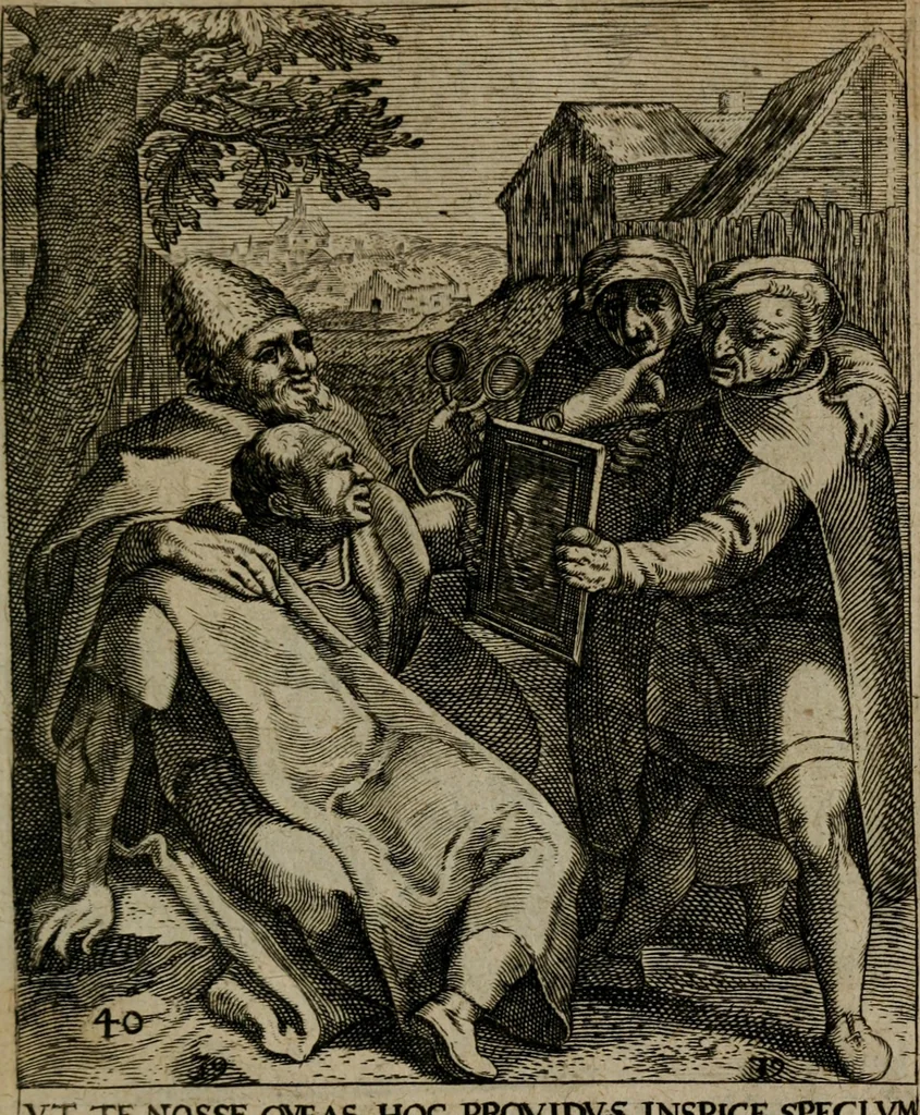 An illustration from Proscenivm vitæ hvmanæ, siue Emblematvm secvlarivm, ivcvndissima, & artificiosissima varietate vitæ hvmanæ & seculi huius deprauati mores, ac studia peruersissima adumbrantium: et Latinis versibvs, explicatorum, decades septem multis figuris adauctæ, & in vsum studiosæ inprimis iuuentutis ita adornatæ vt instar albi amicorvm sodalitatum symbolis, & insigniis conscribendis depingendisq; inseruire commode possint, 1627, leaf 94
