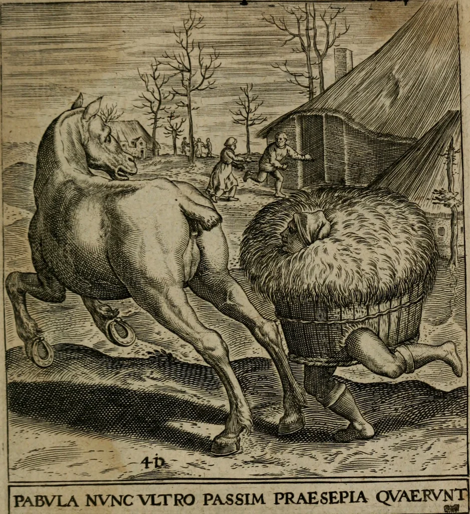 An illustration from Proscenivm vitæ hvmanæ, siue Emblematvm secvlarivm, ivcvndissima, & artificiosissima varietate vitæ hvmanæ & seculi huius deprauati mores, ac studia peruersissima adumbrantium: et Latinis versibvs, explicatorum, decades septem multis figuris adauctæ, & in vsum studiosæ inprimis iuuentutis ita adornatæ vt instar albi amicorvm sodalitatum symbolis, & insigniis conscribendis depingendisq; inseruire commode possint, 1627, leaf 96