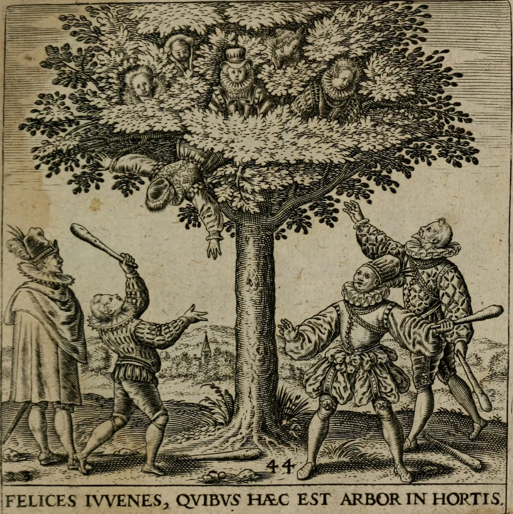 An illustration from Proscenivm vitæ hvmanæ, siue Emblematvm secvlarivm, ivcvndissima, & artificiosissima varietate vitæ hvmanæ & seculi huius deprauati mores, ac studia peruersissima adumbrantium: et Latinis versibvs, explicatorum, decades septem multis figuris adauctæ, & in vsum studiosæ inprimis iuuentutis ita adornatæ vt instar albi amicorvm sodalitatum symbolis, & insigniis conscribendis depingendisq; inseruire commode possint, 1627, leaf 98