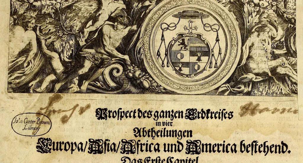 An illustration from Prospect des ganzen Erdkreisses, in fünff absonderlichen Carten, namentlich Europa, Asia, Africa und dem Mitternächtig- und Mittägigen America, : samt einer ausführlichen Beschreibung derselben Länder, Provinzien, Königreiche, Herrschafften, Fürstenthümer, und Inseln, wie auch Städte, Festungen und Schlösser bestehend, vor Augen gestellet und zum Druck übergeben, 1686, leaf 3