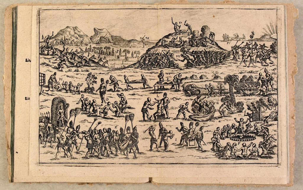 An illustration from Prospectus Mundi : Weltblick oder Kleine Cosmographia in welcher kurtzer vnnd klärlicher Weise, alle vier Haupttheile der Welt als Europa, Asia, Affrica vnd America, mit sampt denen darinnen begriffenen Königreichen, Lande, vnd Herzschaffen, sowol denen fürnembsten Hauptstätten, Wasserflüssen, See vnd Bergen, auss einer künstlichen Welt Taffel fürgebildet, vnd auff das deütlichste bechreiben werden. Vor alle vnnd jede Liebhabere, dergleichen Welt Historien, sowol zu Wasser vnd Land vmbraisenden Persohnen, so die grossen Bücher hievon nicht zeit zulesen haben, auch den Geltkosten zuersparen, an das Liecht geben, vnd auss dem Italienischen Exemplar Herrn., 1655, leaf 59