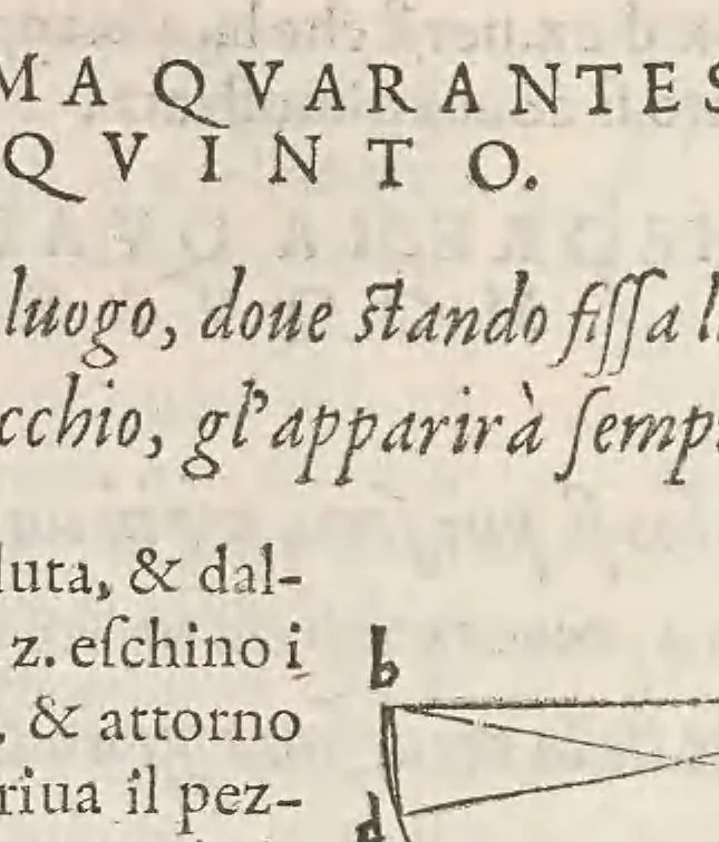 An illustration from La prospettiva di Euclide : nella quale si tratta di quelle cose, che per raggi diritti si veggono: & di quelle, che con raggi reflessi nelli specchi appariscono, 1573, leaf 74