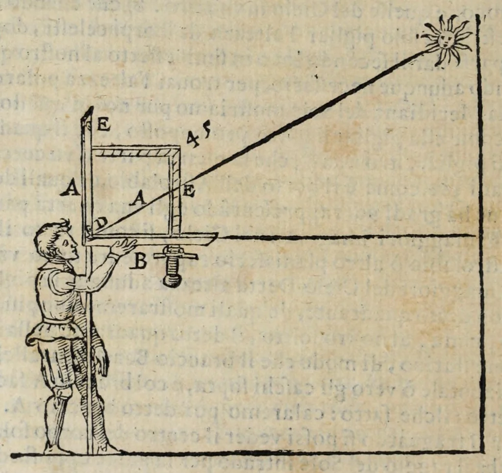 An illustration from Proteo militare di Bartolomeo Romano. Diuiso in tre libri. Nel primo si descrive la fabrica di detto proteo, & in esso nuovo istrumento, tutti gli altri istrumenti di matematica che imaginar si possano. Nel secondo, e terzo si tratta dell'vso di detto istrumento, nelquale si formano tutte le figure di geometria, e diuersi istrumenti di prospettiua, pittura, scoltura, & architettura. S'insegna ancora l'arte del navigare, e quella del guerreggiare con nuouo, e facilissimo modo, come più distintamente nella tauola si potra redere, 1595, leaf 150
