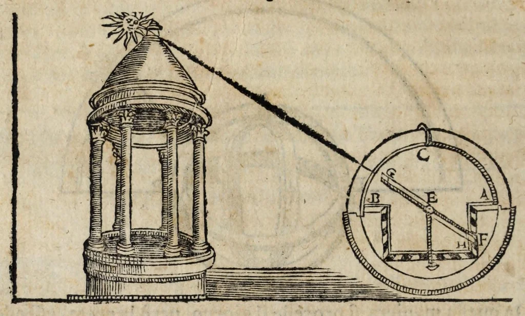 An illustration from Proteo militare di Bartolomeo Romano. Diuiso in tre libri. Nel primo si descrive la fabrica di detto proteo, & in esso nuovo istrumento, tutti gli altri istrumenti di matematica che imaginar si possano. Nel secondo, e terzo si tratta dell'vso di detto istrumento, nelquale si formano tutte le figure di geometria, e diuersi istrumenti di prospettiua, pittura, scoltura, & architettura. S'insegna ancora l'arte del navigare, e quella del guerreggiare con nuouo, e facilissimo modo, come più distintamente nella tauola si potra redere, 1595, leaf 176