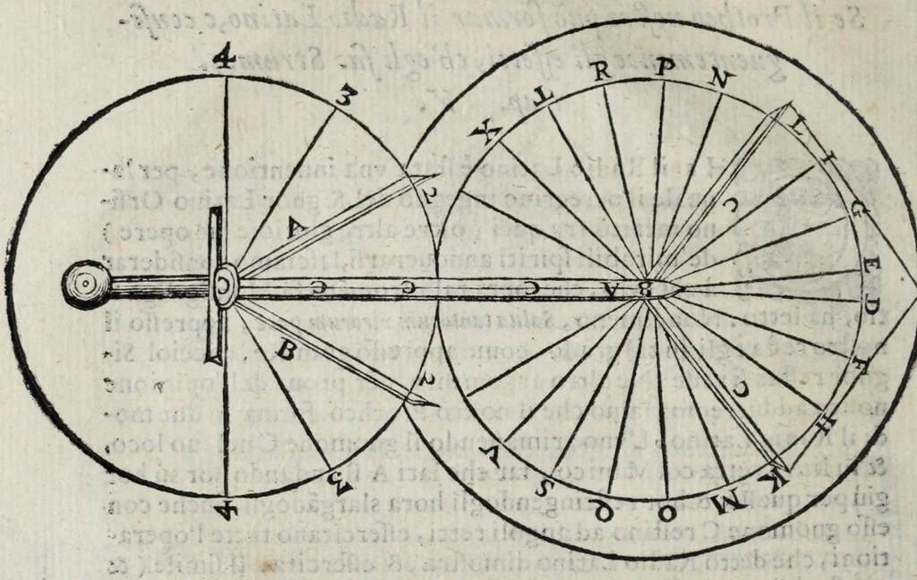 An illustration from Proteo militare di Bartolomeo Romano. Diuiso in tre libri. Nel primo si descrive la fabrica di detto proteo, & in esso nuovo istrumento, tutti gli altri istrumenti di matematica che imaginar si possano. Nel secondo, e terzo si tratta dell'vso di detto istrumento, nelquale si formano tutte le figure di geometria, e diuersi istrumenti di prospettiua, pittura, scoltura, & architettura. S'insegna ancora l'arte del navigare, e quella del guerreggiare con nuouo, e facilissimo modo, come più distintamente nella tauola si potra redere, 1595, leaf 34