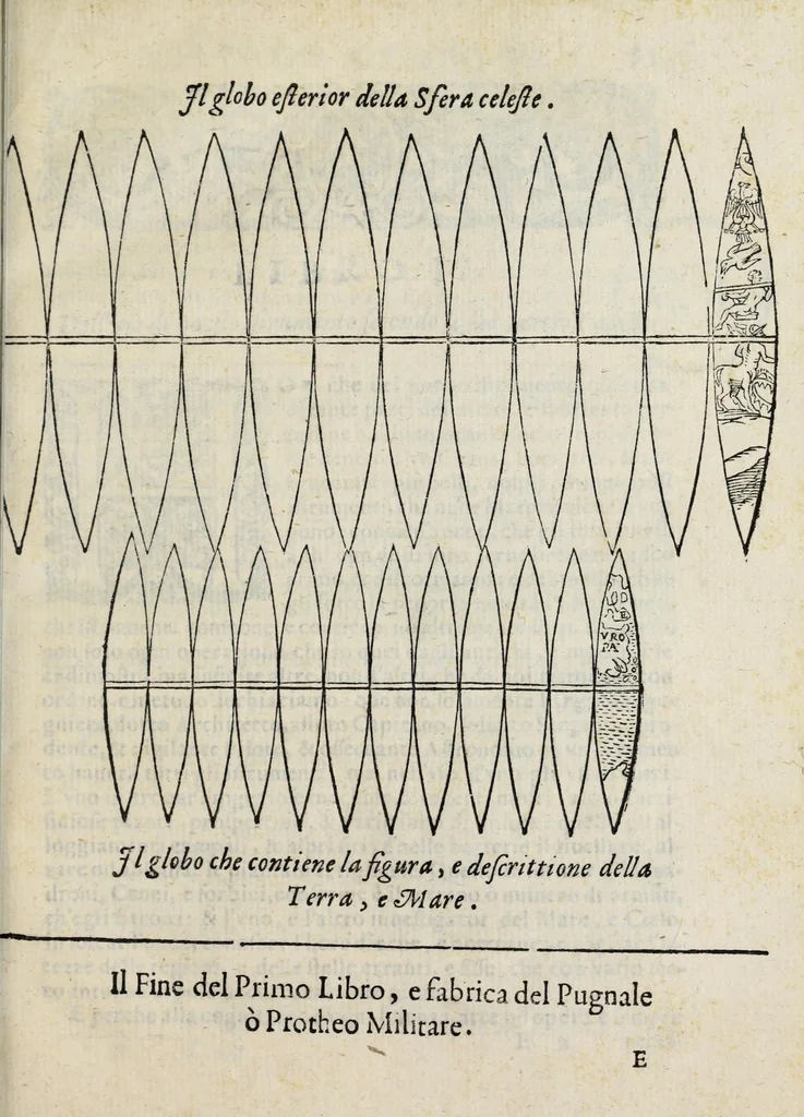 An illustration from Proteo militare di Bartolomeo Romano. Diuiso in tre libri. Nel primo si descrive la fabrica di detto proteo, & in esso nuovo istrumento, tutti gli altri istrumenti di matematica che imaginar si possano. Nel secondo, e terzo si tratta dell'vso di detto istrumento, nelquale si formano tutte le figure di geometria, e diuersi istrumenti di prospettiua, pittura, scoltura, & architettura. S'insegna ancora l'arte del navigare, e quella del guerreggiare con nuouo, e facilissimo modo, come più distintamente nella tauola si potra redere, 1595, leaf 53