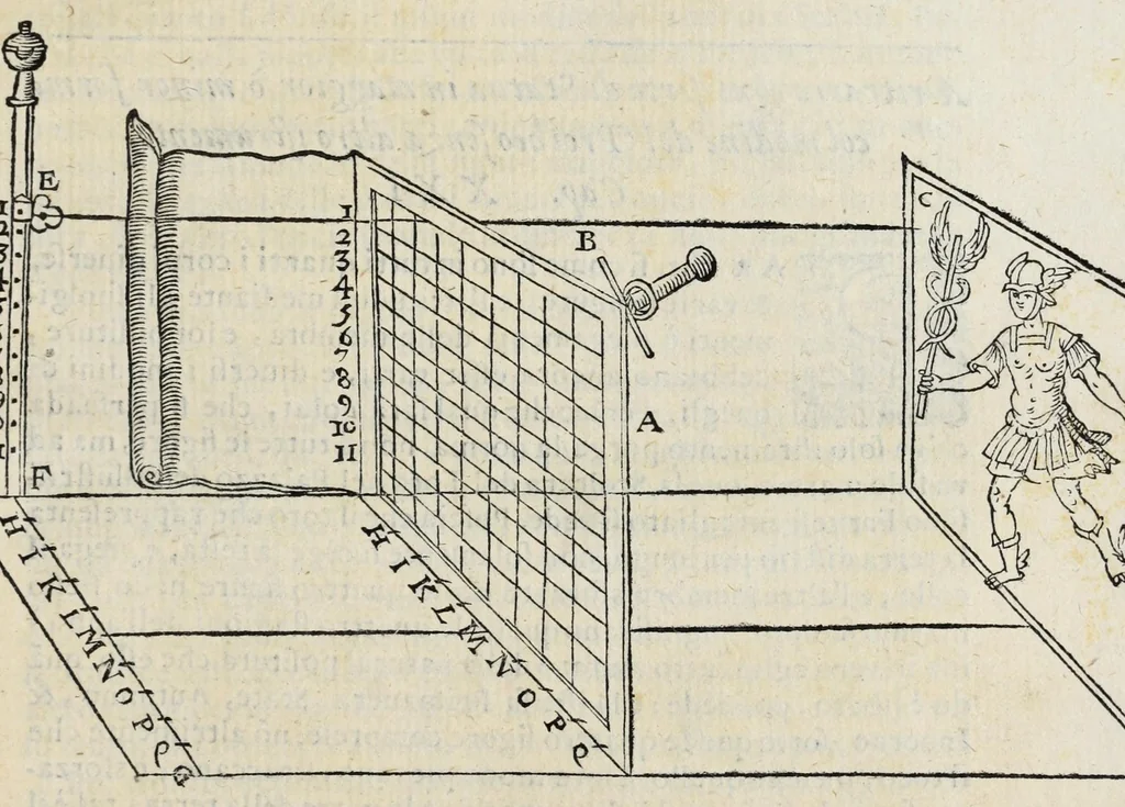 An illustration from Proteo militare di Bartolomeo Romano. Diuiso in tre libri. Nel primo si descrive la fabrica di detto proteo, & in esso nuovo istrumento, tutti gli altri istrumenti di matematica che imaginar si possano. Nel secondo, e terzo si tratta dell'vso di detto istrumento, nelquale si formano tutte le figure di geometria, e diuersi istrumenti di prospettiua, pittura, scoltura, & architettura. S'insegna ancora l'arte del navigare, e quella del guerreggiare con nuouo, e facilissimo modo, come più distintamente nella tauola si potra redere, 1595, leaf 83