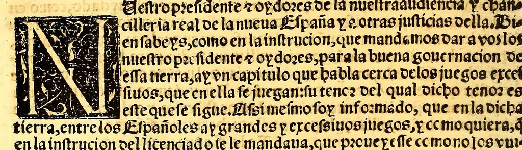 An illustration from Prouisio[n]es cedulas instruciones de su Magestad: : ordena[n]ças d[e] difu[n]tos y audie[n]cia, p[ar]a la buena expedicio[n] de los negocios, y administracio[n] d[e] justicia: y gouernacio[n] d[e]sta Nueua España: y p[ar]a el bue[n] tratamie[n]to y [con]seruacio[n] d[e] los yndios, dende el año 1525. hasta este presente de. 63, 1563, leaf 148