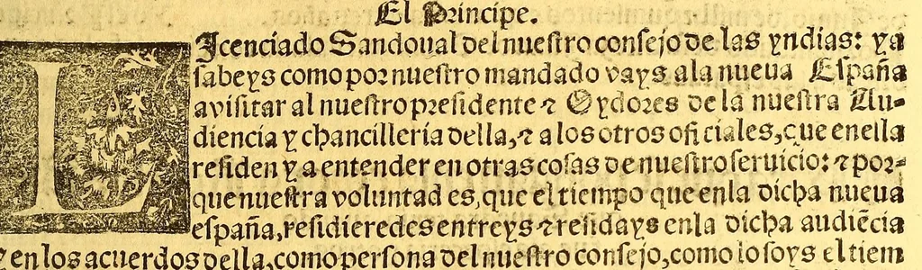 An illustration from Prouisio[n]es cedulas instruciones de su Magestad: : ordena[n]ças d[e] difu[n]tos y audie[n]cia, p[ar]a la buena expedicio[n] de los negocios, y administracio[n] d[e] justicia: y gouernacio[n] d[e]sta Nueua España: y p[ar]a el bue[n] tratamie[n]to y [con]seruacio[n] d[e] los yndios, dende el año 1525. hasta este presente de. 63, 1563, leaf 197