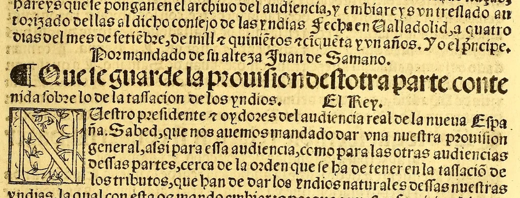 An illustration from Prouisio[n]es cedulas instruciones de su Magestad: : ordena[n]ças d[e] difu[n]tos y audie[n]cia, p[ar]a la buena expedicio[n] de los negocios, y administracio[n] d[e] justicia: y gouernacio[n] d[e]sta Nueua España: y p[ar]a el bue[n] tratamie[n]to y [con]seruacio[n] d[e] los yndios, dende el año 1525. hasta este presente de. 63, 1563, leaf 263