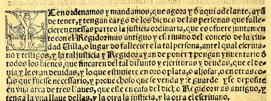 An illustration from Prouisio[n]es cedulas instruciones de su Magestad: : ordena[n]ças d[e] difu[n]tos y audie[n]cia, p[ar]a la buena expedicio[n] de los negocios, y administracio[n] d[e] justicia: y gouernacio[n] d[e]sta Nueua España: y p[ar]a el bue[n] tratamie[n]to y [con]seruacio[n] d[e] los yndios, dende el año 1525. hasta este presente de. 63, 1563, leaf 34