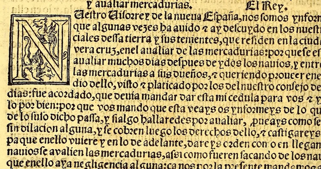 An illustration from Prouisio[n]es cedulas instruciones de su Magestad: : ordena[n]ças d[e] difu[n]tos y audie[n]cia, p[ar]a la buena expedicio[n] de los negocios, y administracio[n] d[e] justicia: y gouernacio[n] d[e]sta Nueua España: y p[ar]a el bue[n] tratamie[n]to y [con]seruacio[n] d[e] los yndios, dende el año 1525. hasta este presente de. 63, 1563, leaf 360