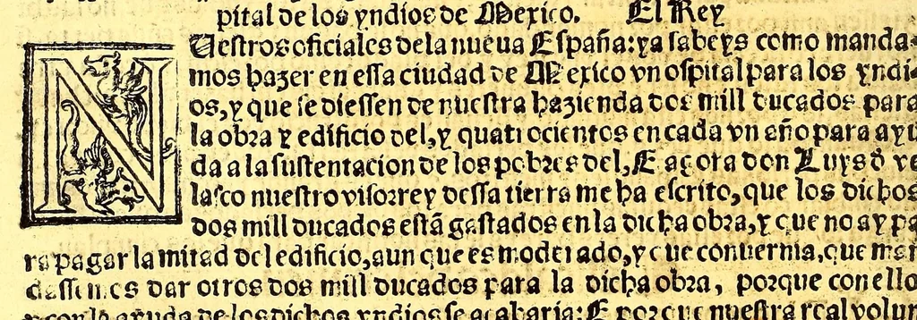 An illustration from Prouisio[n]es cedulas instruciones de su Magestad: : ordena[n]ças d[e] difu[n]tos y audie[n]cia, p[ar]a la buena expedicio[n] de los negocios, y administracio[n] d[e] justicia: y gouernacio[n] d[e]sta Nueua España: y p[ar]a el bue[n] tratamie[n]to y [con]seruacio[n] d[e] los yndios, dende el año 1525. hasta este presente de. 63, 1563, leaf 388