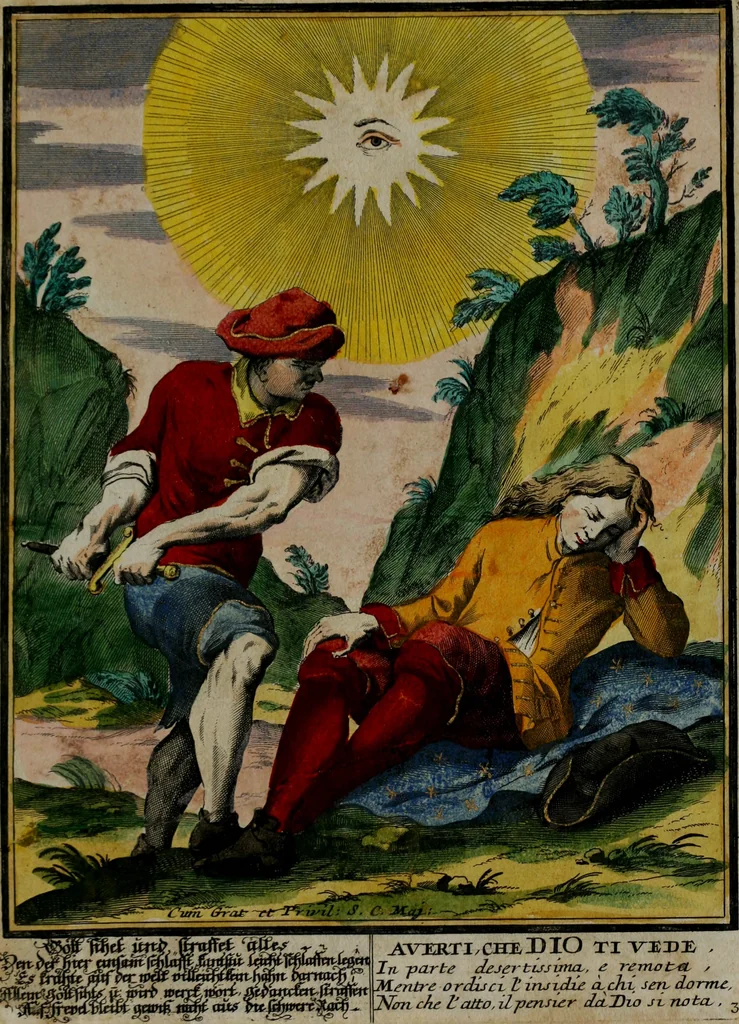 An illustration from Proverbii verificati : per l'esperienza cotidiana : come li megliori e più piacevoli informatori di massime salutifere : in 25 stampe leggiadre et espicationi dé versi, al profito d'ogni uno = Durch di tägliche Erfahrung beglaubt gemachte Sprich Wörter ..., 1718, leaf 10